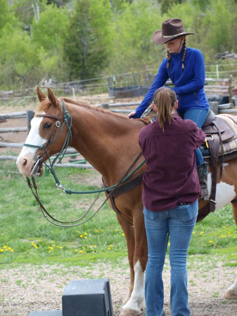 Family on horseback enjoying a scenic trail ride with panoramic mountain views at Rusty Spurr Ranch in Colorado.