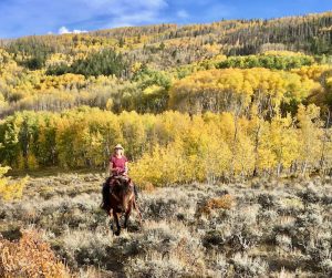 Guests riding horses through a grove of golden aspen trees during a fall trail ride at Rusty Spurr Ranch in Colorado.