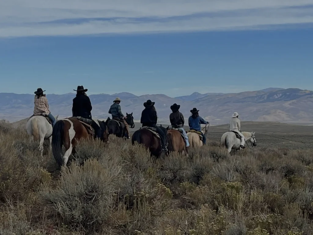 colorado team building with Group horseback riding through open terrain in Colorado wilderness
