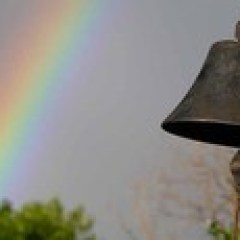 a rainbow in the background