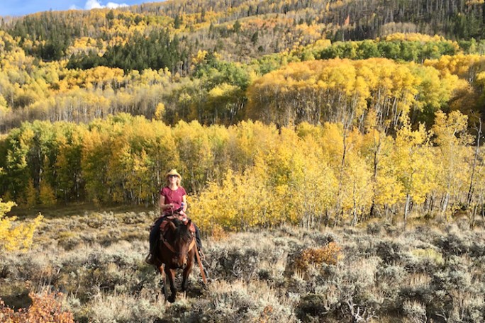 Scenic view of a horseback rider pausing to enjoy the stunning view of a colorful golden aspen valley at Rusty Spurr Ranch.