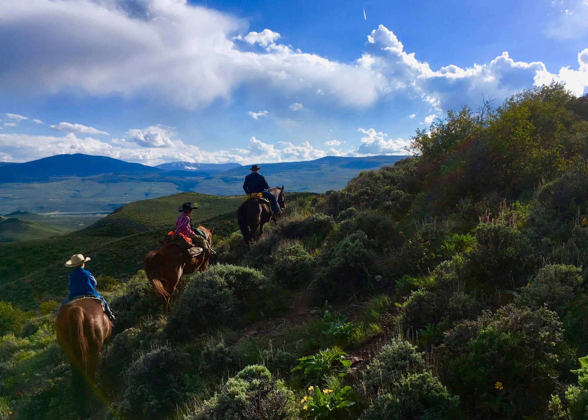 Mountain horseback ride through Rusty Spurr Ranch Group of riders on horseback at RusySpurr Ranch enjoying a guided wilderness adventure over rugged mountains.